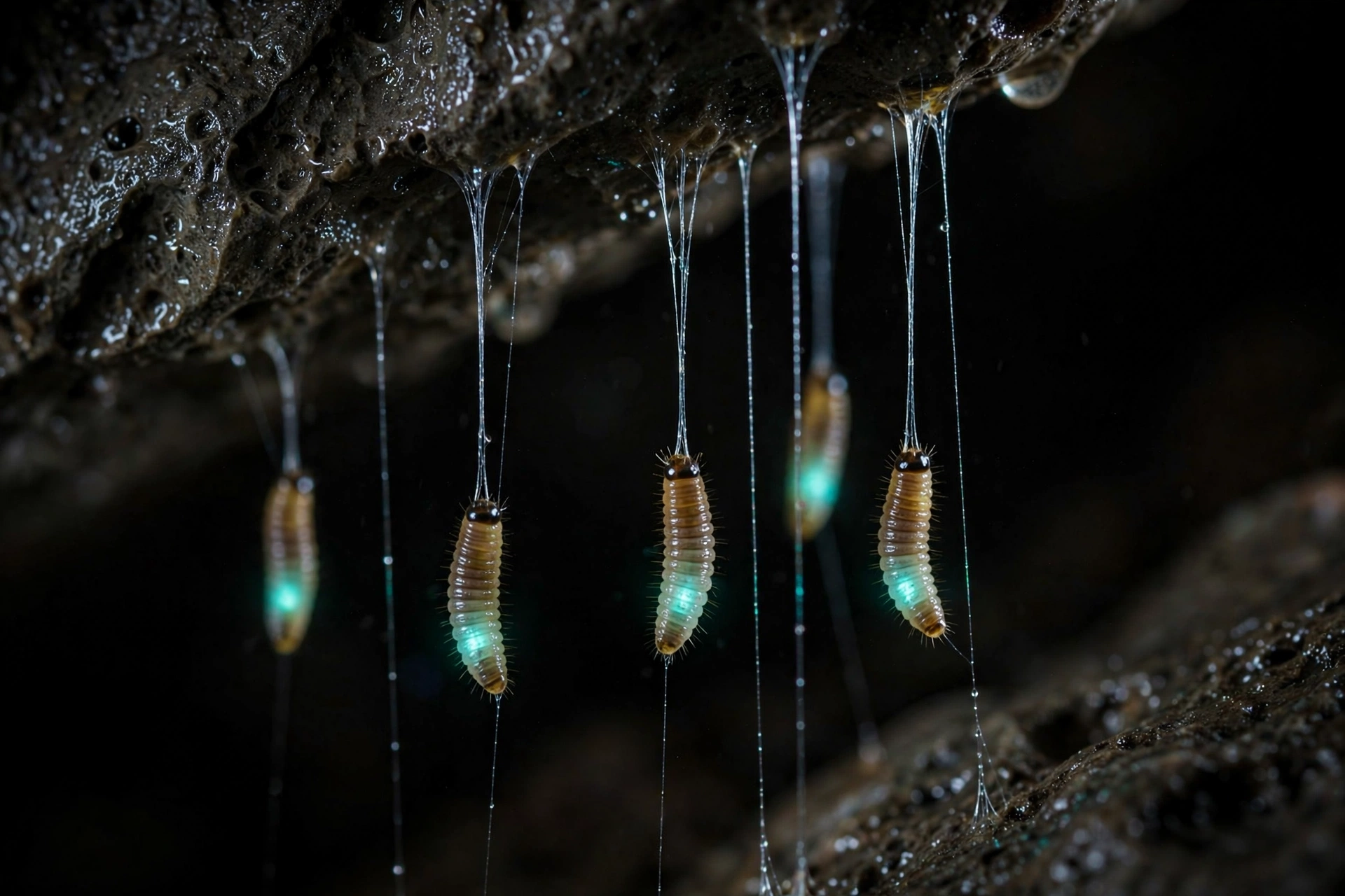 Close-up of glowworm larvae hanging from sticky mucous threads, glowing blue in the dark