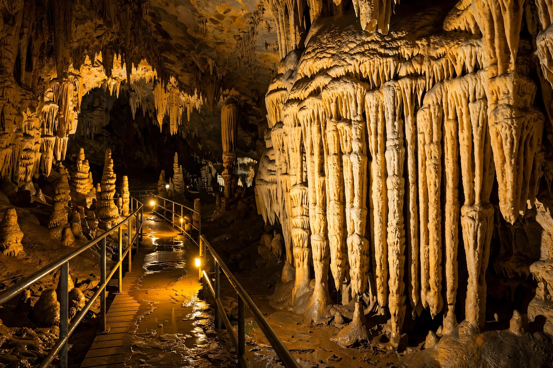 The Pipe Organ limestone formation and stalactites lit in warm light inside Waitomo caves