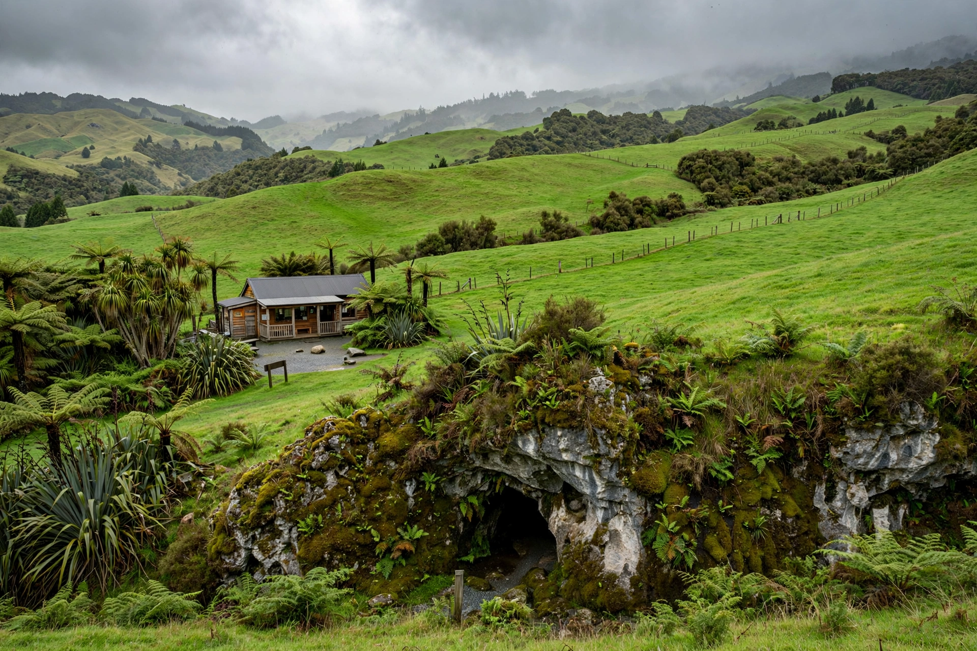 Green pastures and the cave entrance in the Waitomo valley, New Zealand