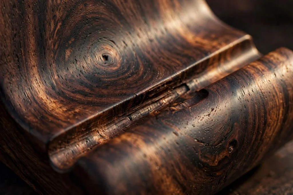 Macro detail of dark black walnut wood grain on a hand-turned phone stand