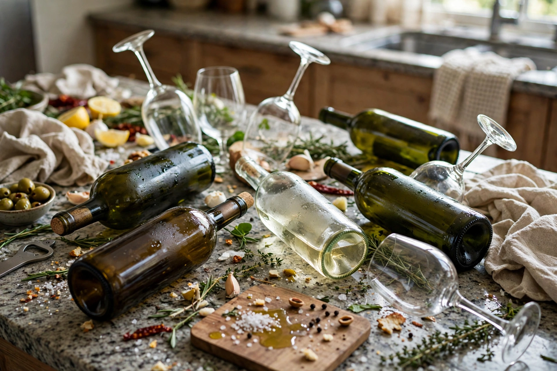 Wine bottles and glasses crowding a kitchen counter before organization