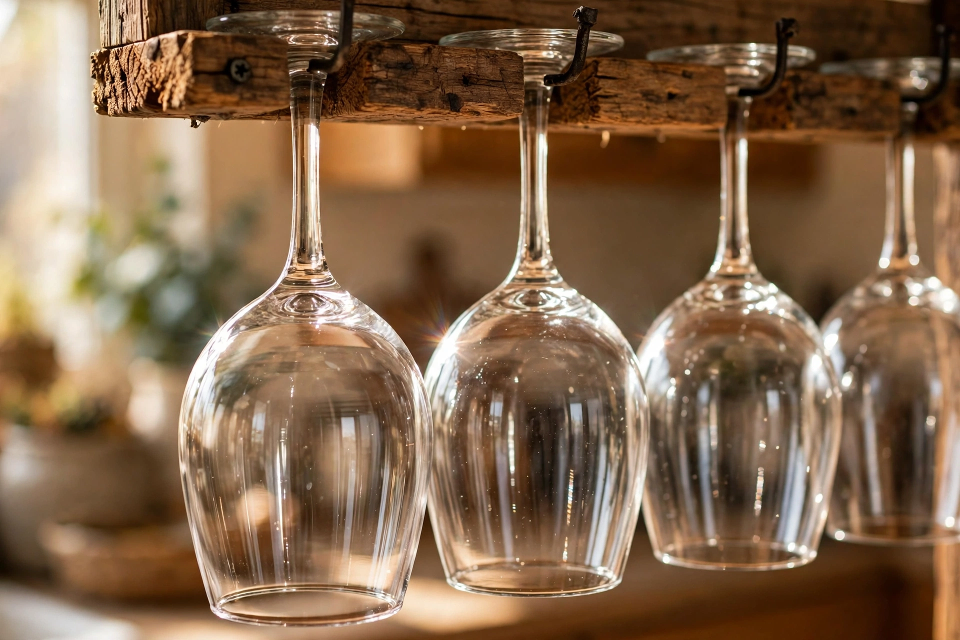Wine glasses hanging upside down from a handmade wooden rack