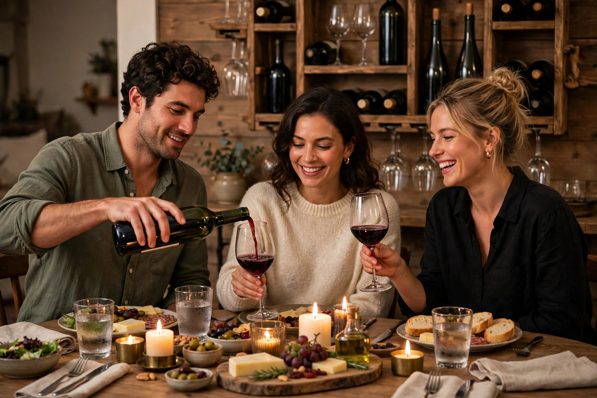 Friends pouring wine at a dinner table with a wooden wall wine rack in the background