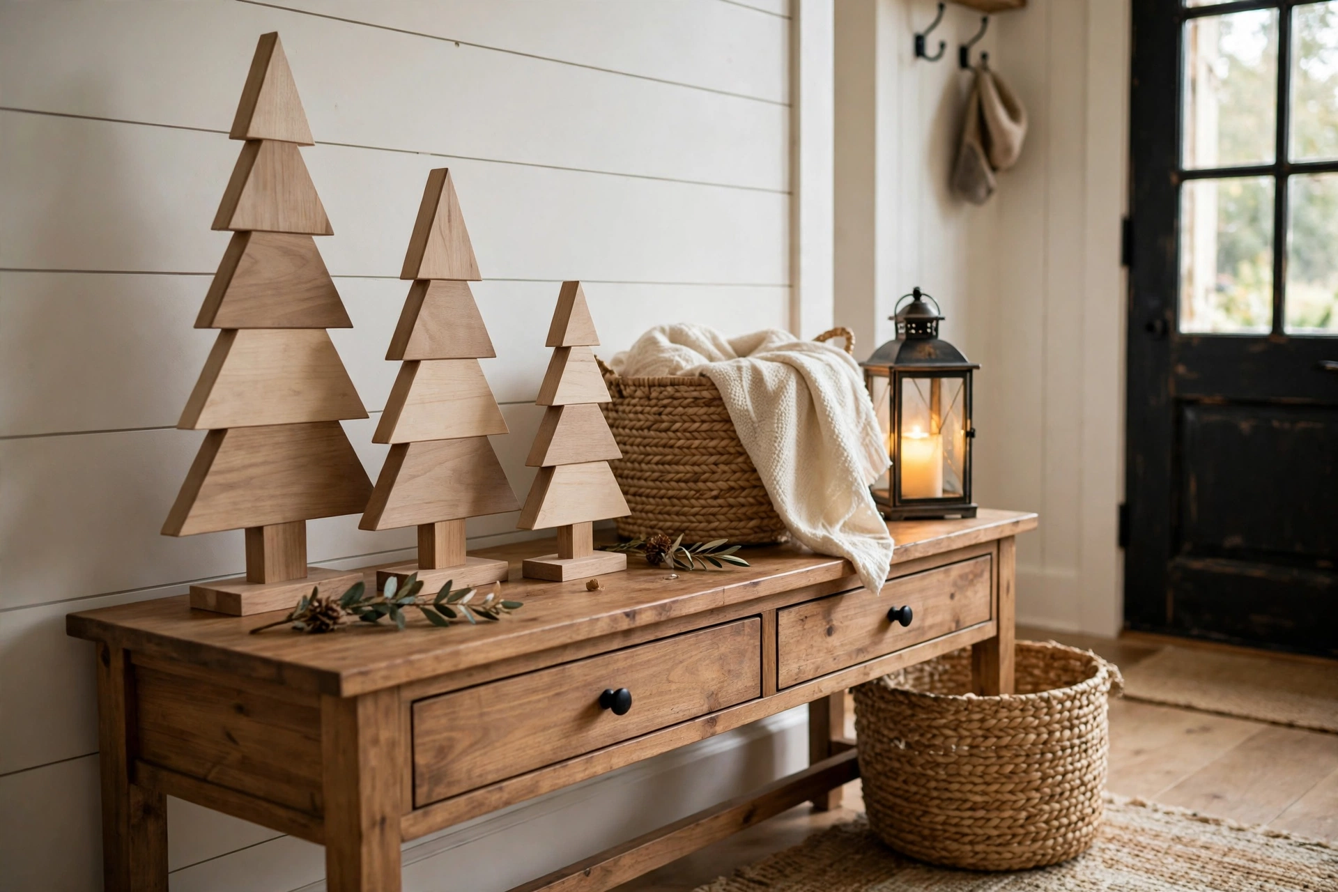 Farmhouse entryway console table decorated with minimalist solid ash wooden Christmas trees and a lantern