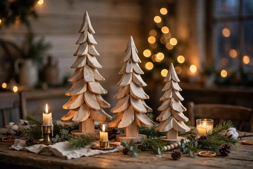 Set of three handmade solid ash wooden Christmas trees styled on a farmhouse dining table for the holidays