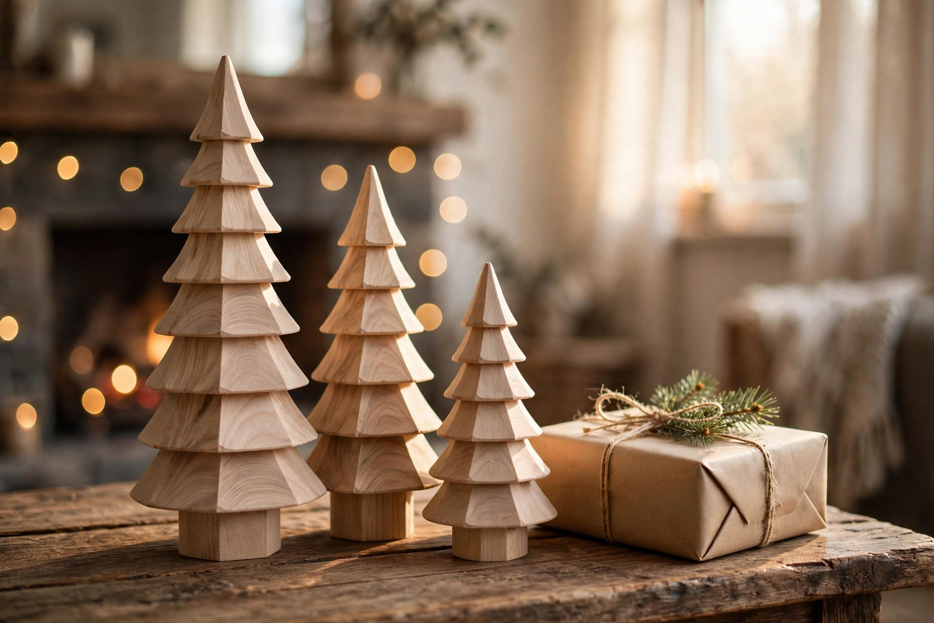 Set of three solid ash wooden Christmas trees beside a kraft paper wrapped Christmas gift with twine and pine sprig