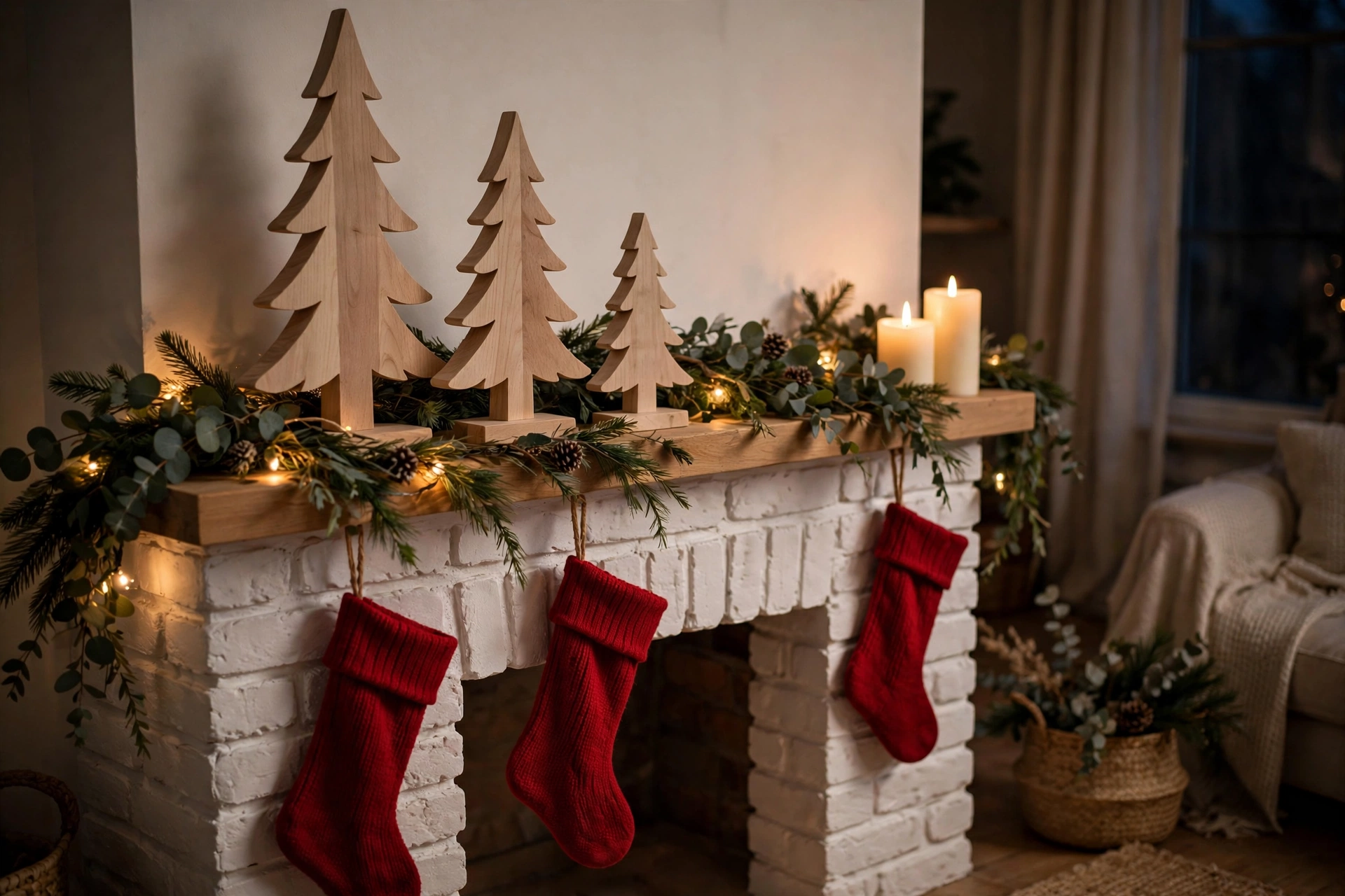 Three solid ash wooden Christmas trees styled on a white brick fireplace mantel with garland, string lights and candles