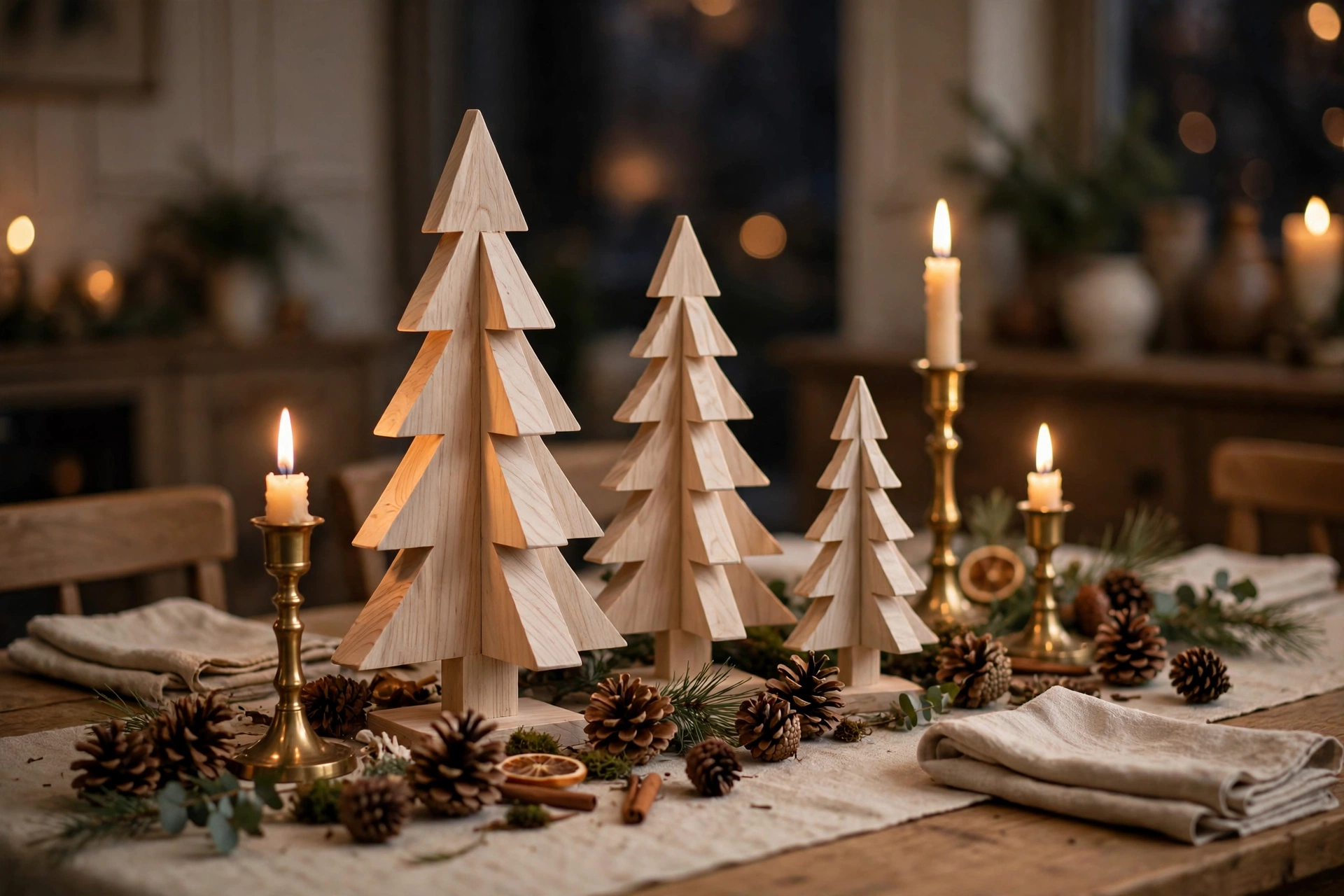 Festive Christmas dining table with three solid wood Christmas trees as the centerpiece among candles and pine cones