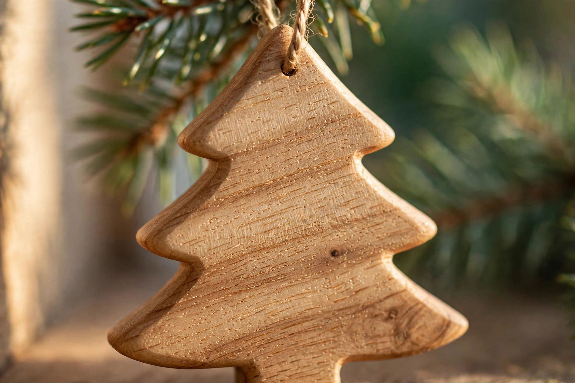 Close-up of the smooth sanded solid ash wood grain on a handmade wooden Christmas tree