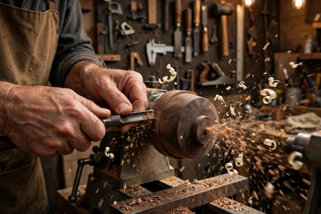 Craftsman turning walnut wood on a lathe in a woodworking workshop
