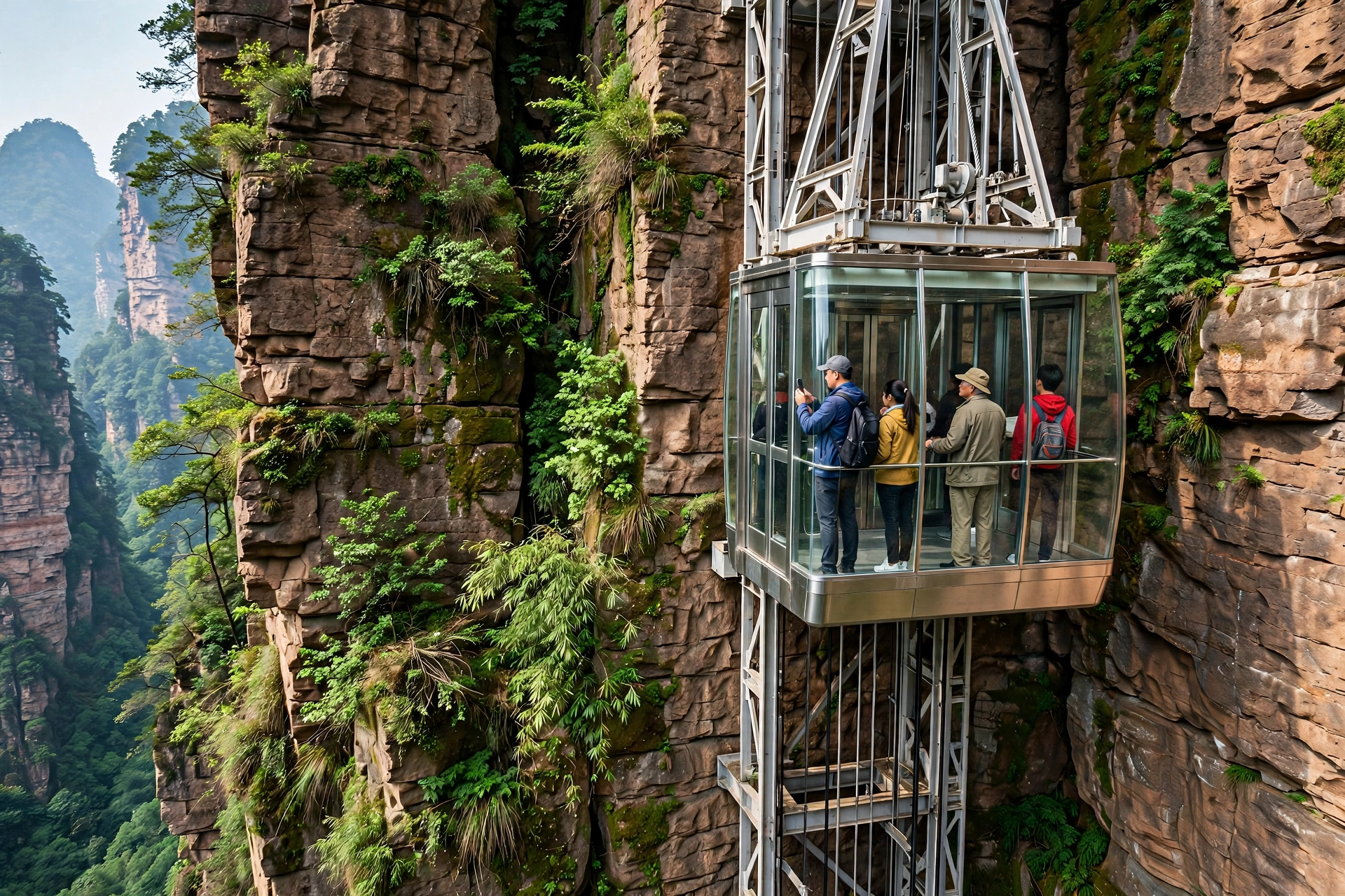 The Bailong Elevator glass lift ascending a sheer sandstone cliff face in Zhangjiajie