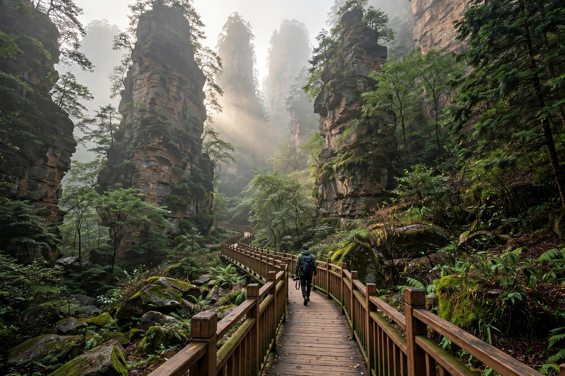 Misty forest boardwalk trail beneath towering sandstone pillars in Zhangjiajie National Forest Park