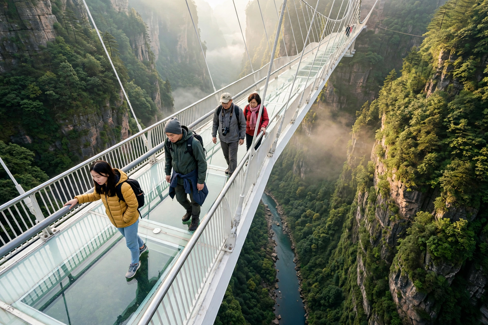 Tourists walking across the transparent glass deck of the Zhangjiajie Grand Canyon Glass Bridge 300 meters above the gorge