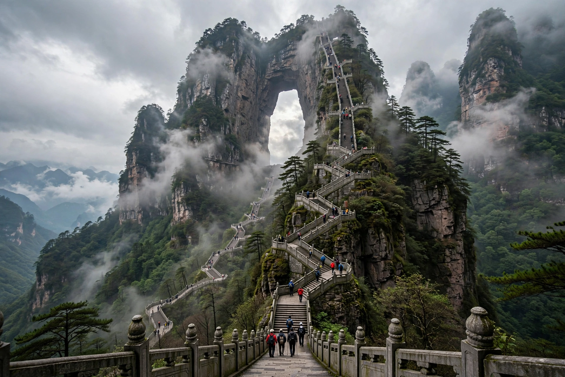 Tianmen Mountain's Heaven's Gate natural arch with the 999-step staircase climbing toward it