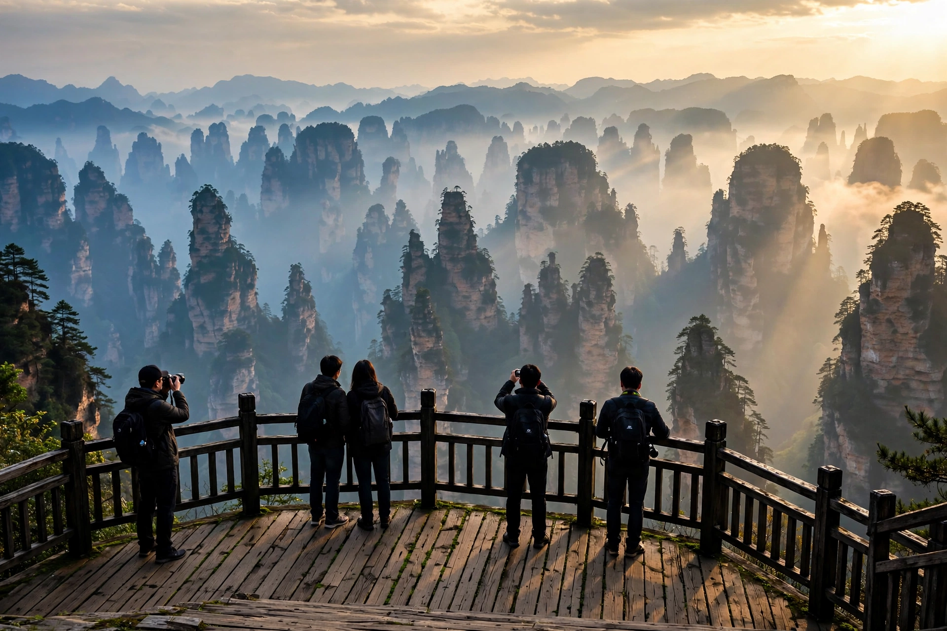 Tianzi Mountain's sea of misty sandstone peaks at golden hour with tourists on a viewing deck