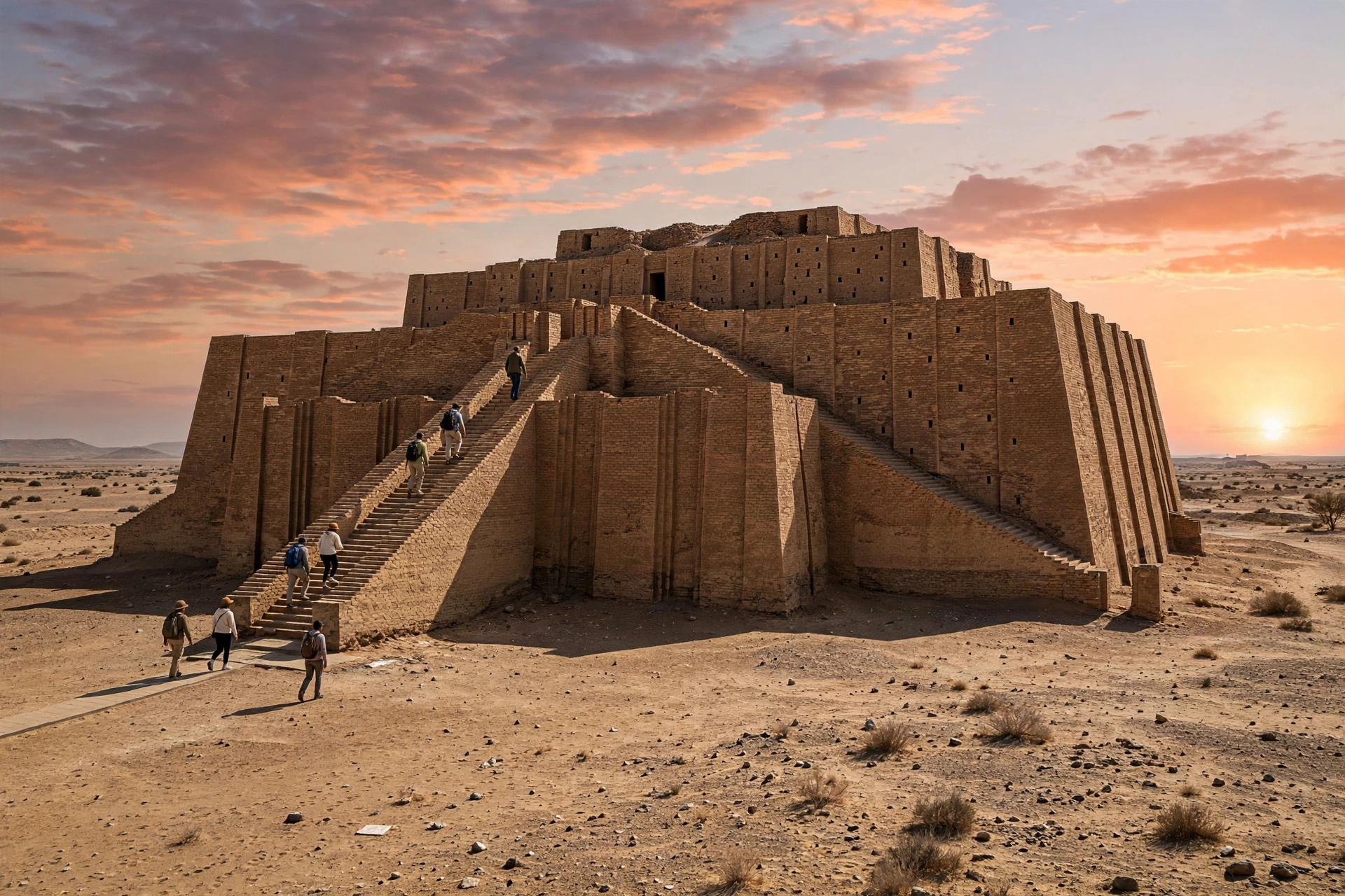 The Great Ziggurat of Ur in southern Iraq at sunset with visitors climbing the ceremonial staircase