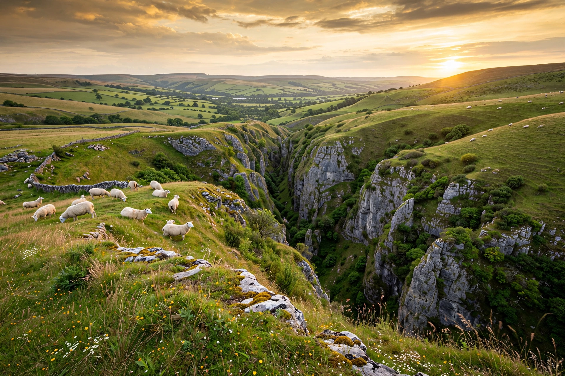 Rolling limestone hills of the Mendip Hills in Somerset, England