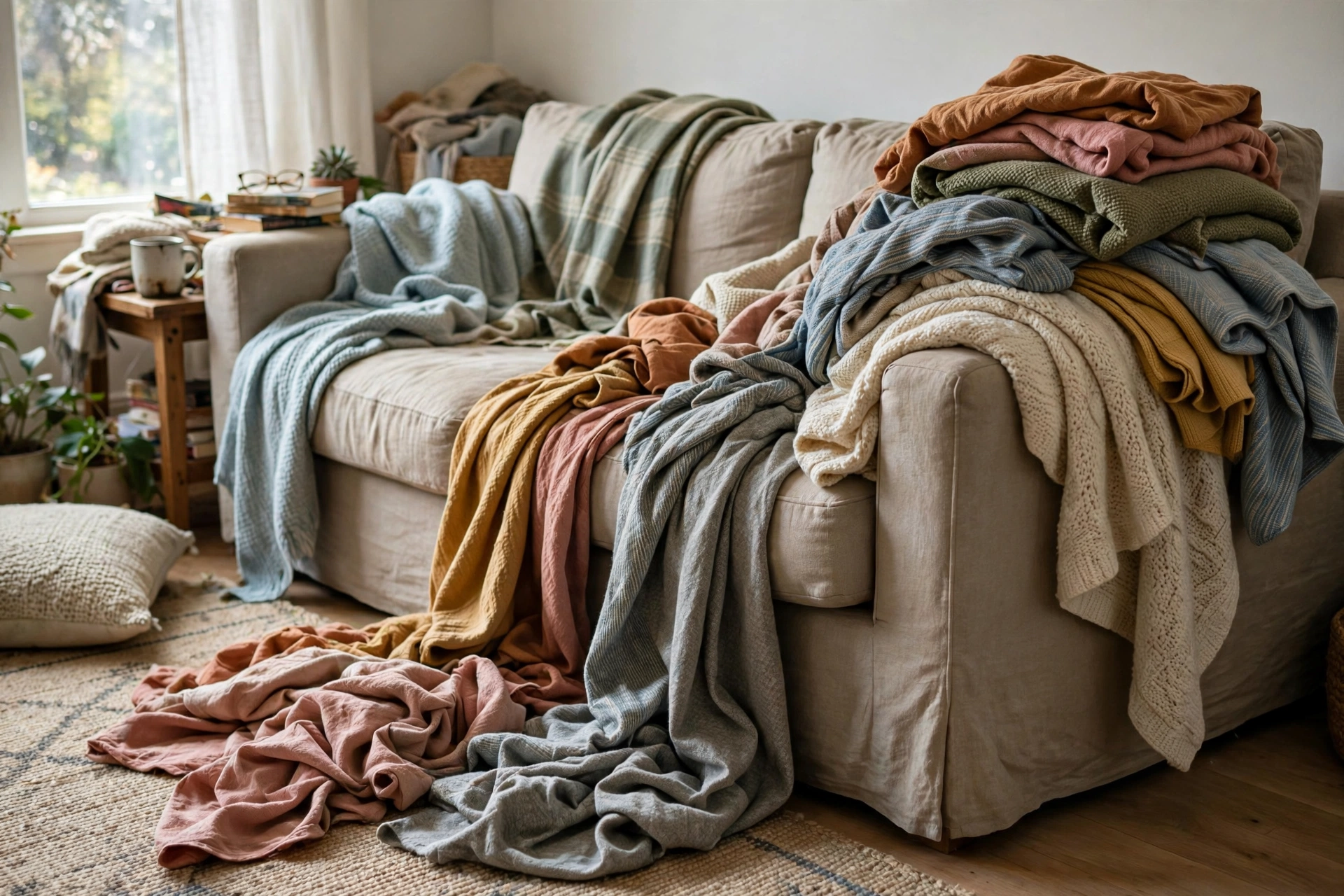 A messy pile of throw blankets spilling off a couch armrest onto the floor, showing the clutter problem blanket ladders solve