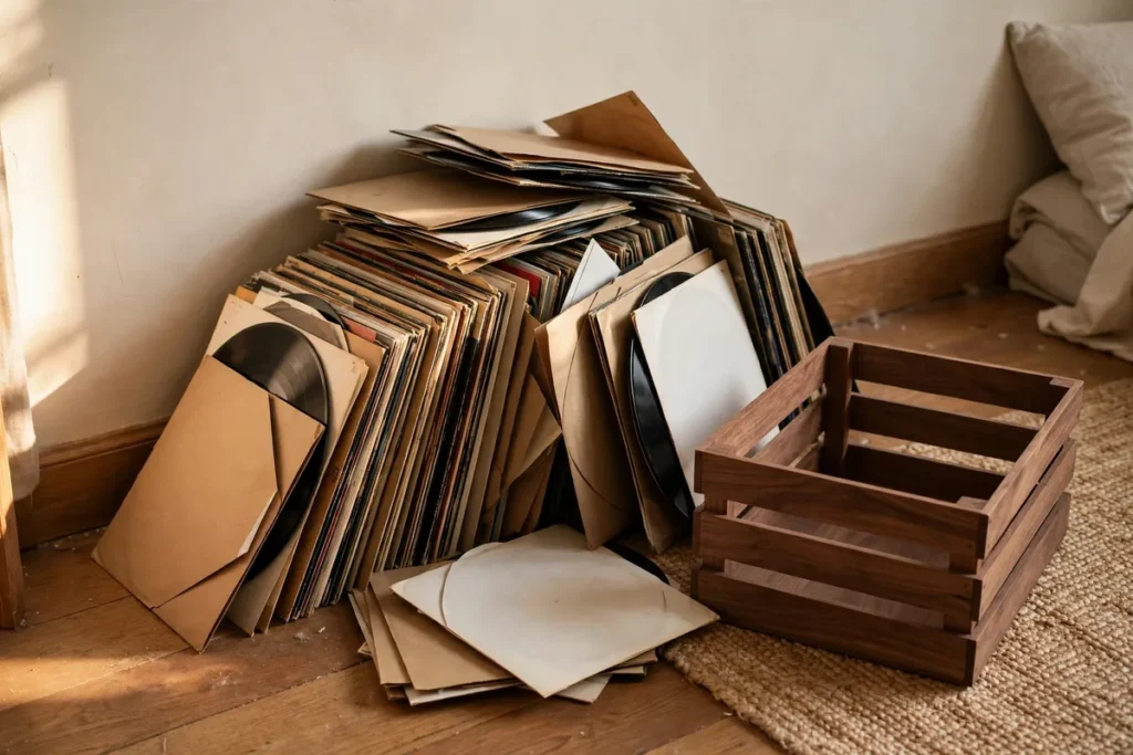 Messy stack of vinyl records leaning in piles on a bedroom floor next to a neat walnut record crate