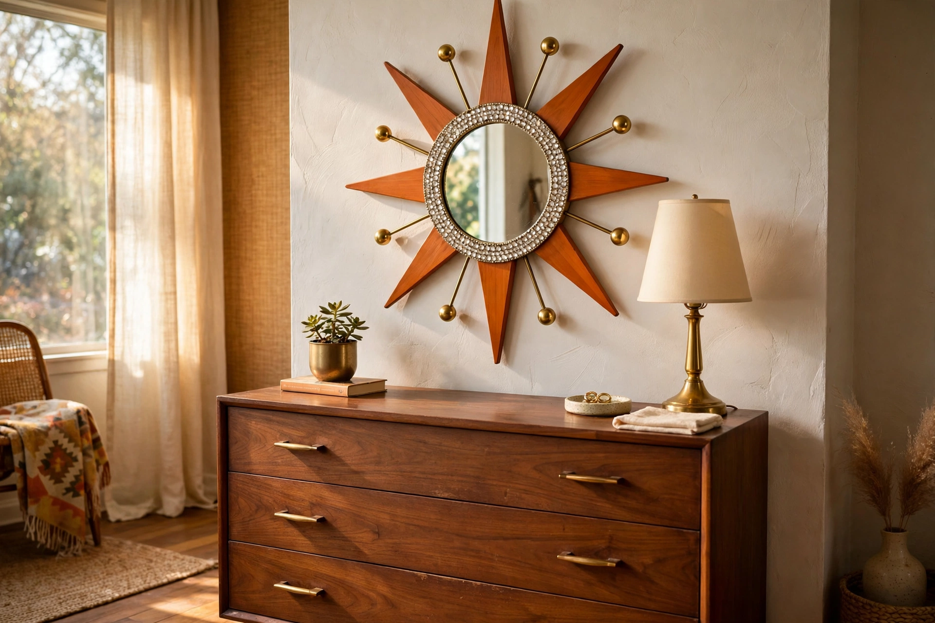 Mid-century starburst mirror with wooden rays styled in a bedroom above a dresser