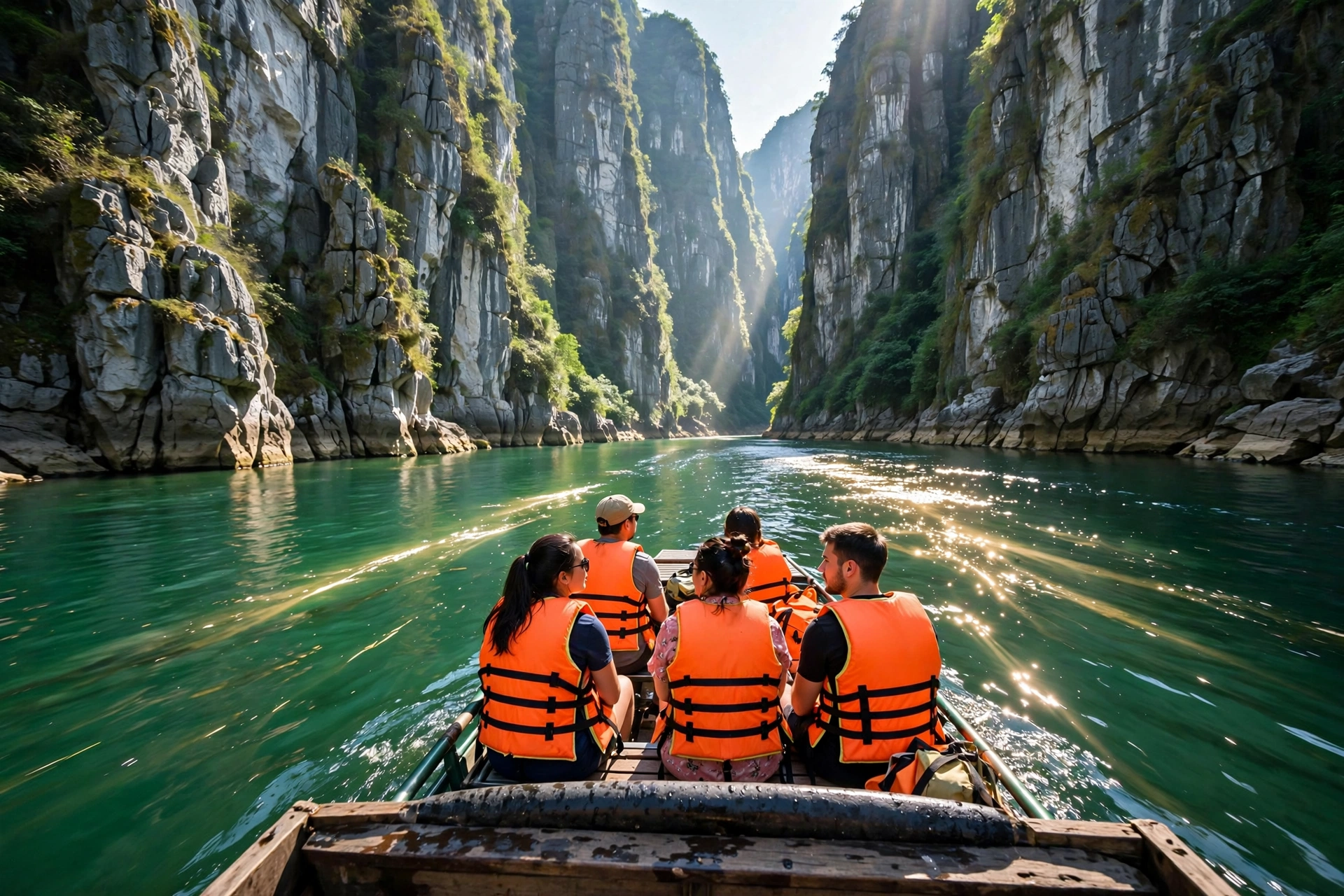 Tourist boat on the emerald Nho Que River between towering canyon walls, Ha Giang
