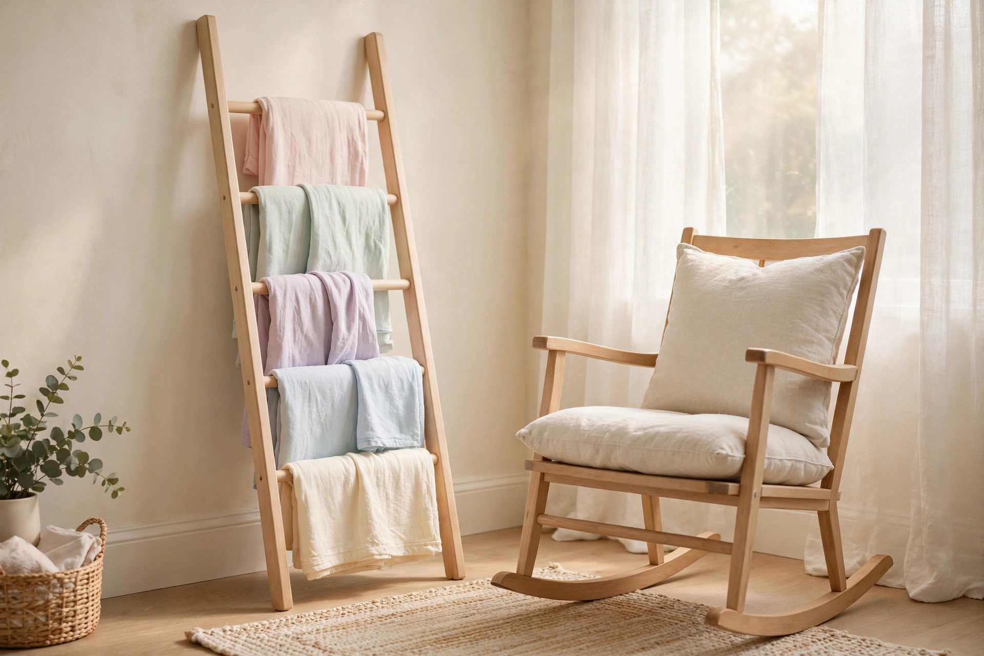 Light wood blanket ladder in a calm cream nursery holding folded pastel baby blankets near a rocking chair