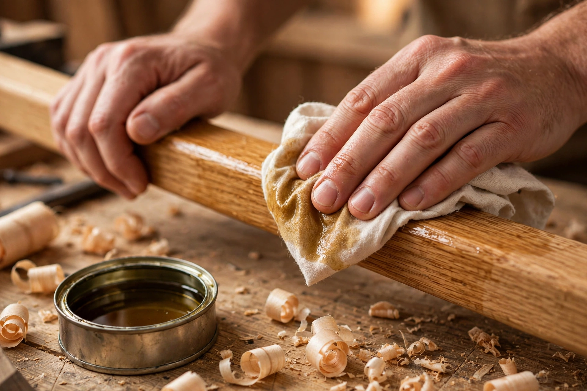 Hands rubbing natural wood oil into a solid oak ladder rung with a soft cloth during routine wood care
