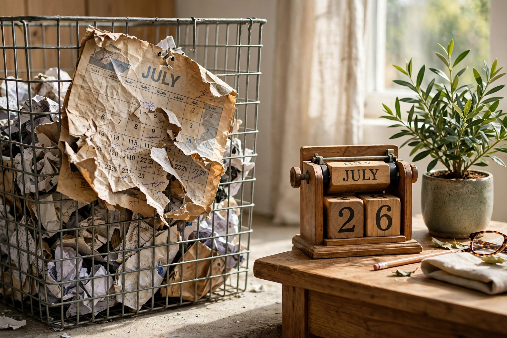 Eco-friendly desk scene with a wooden perpetual calendar replacing disposable paper calendars, green plant nearby