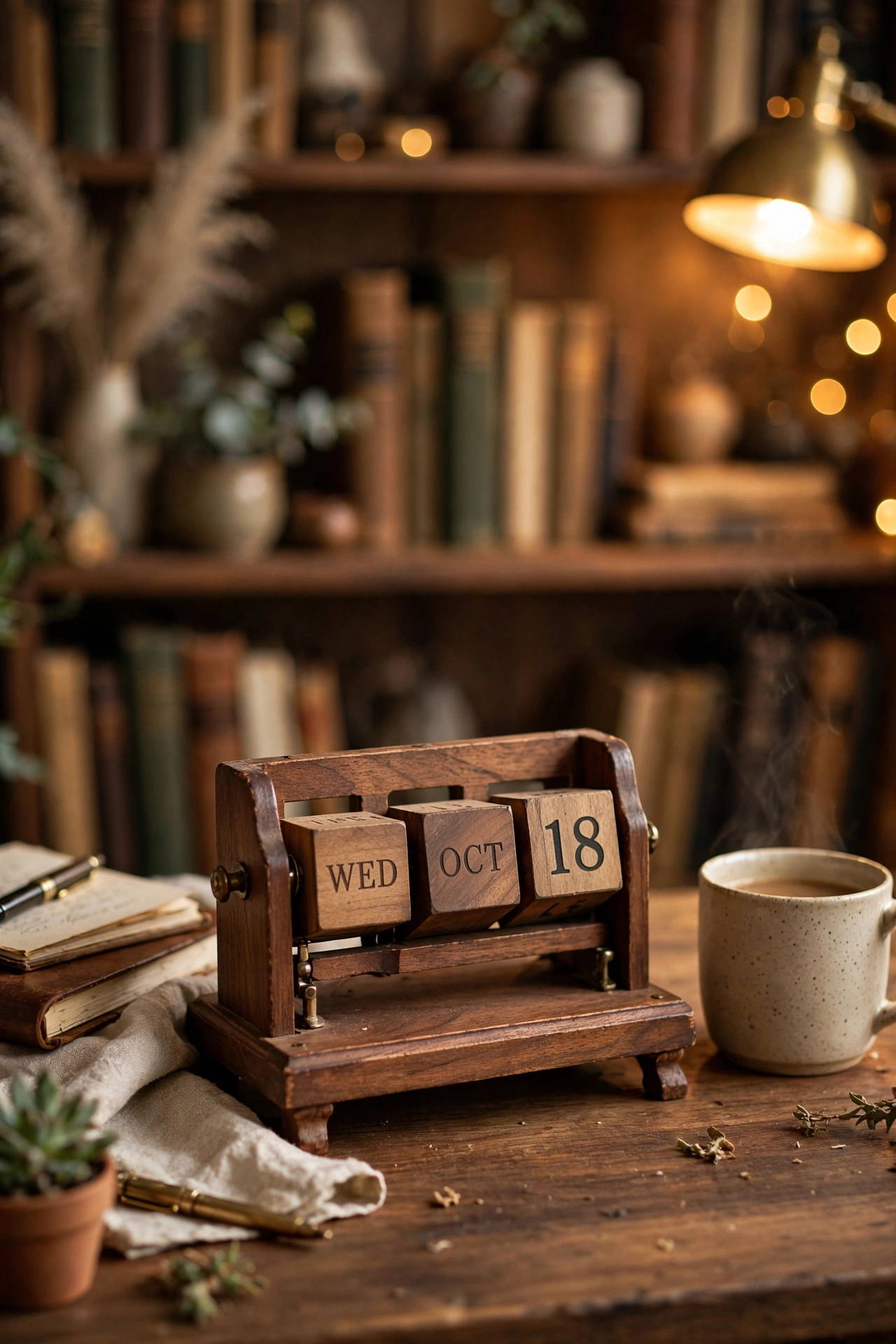 Vintage wooden perpetual calendar with rotating date blocks on a styled desk, close-up hero view