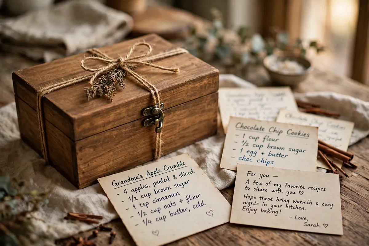 Wooden recipe box tied with twine as a gift beside handwritten recipe cards