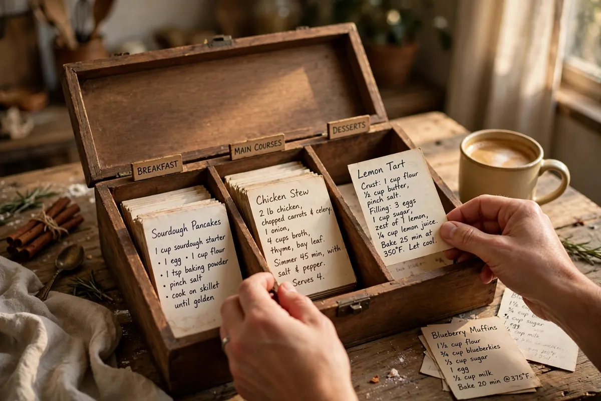 Hands sorting handwritten recipe cards into labeled wooden dividers inside an open wooden recipe box