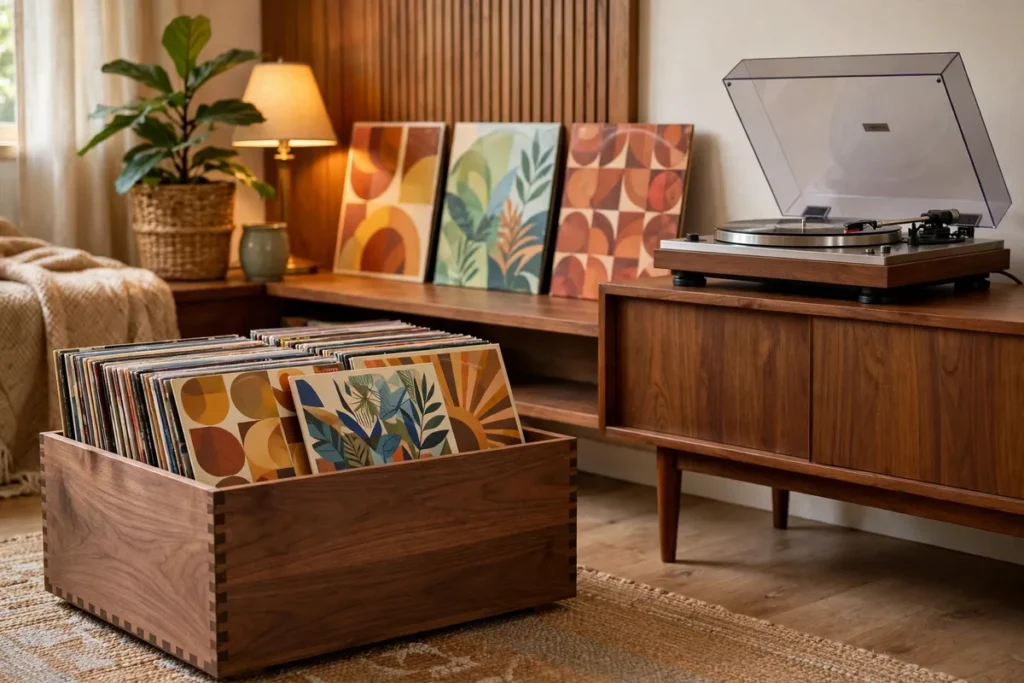 Stylish mid-century modern music corner with a walnut vinyl record crate beside a record player console