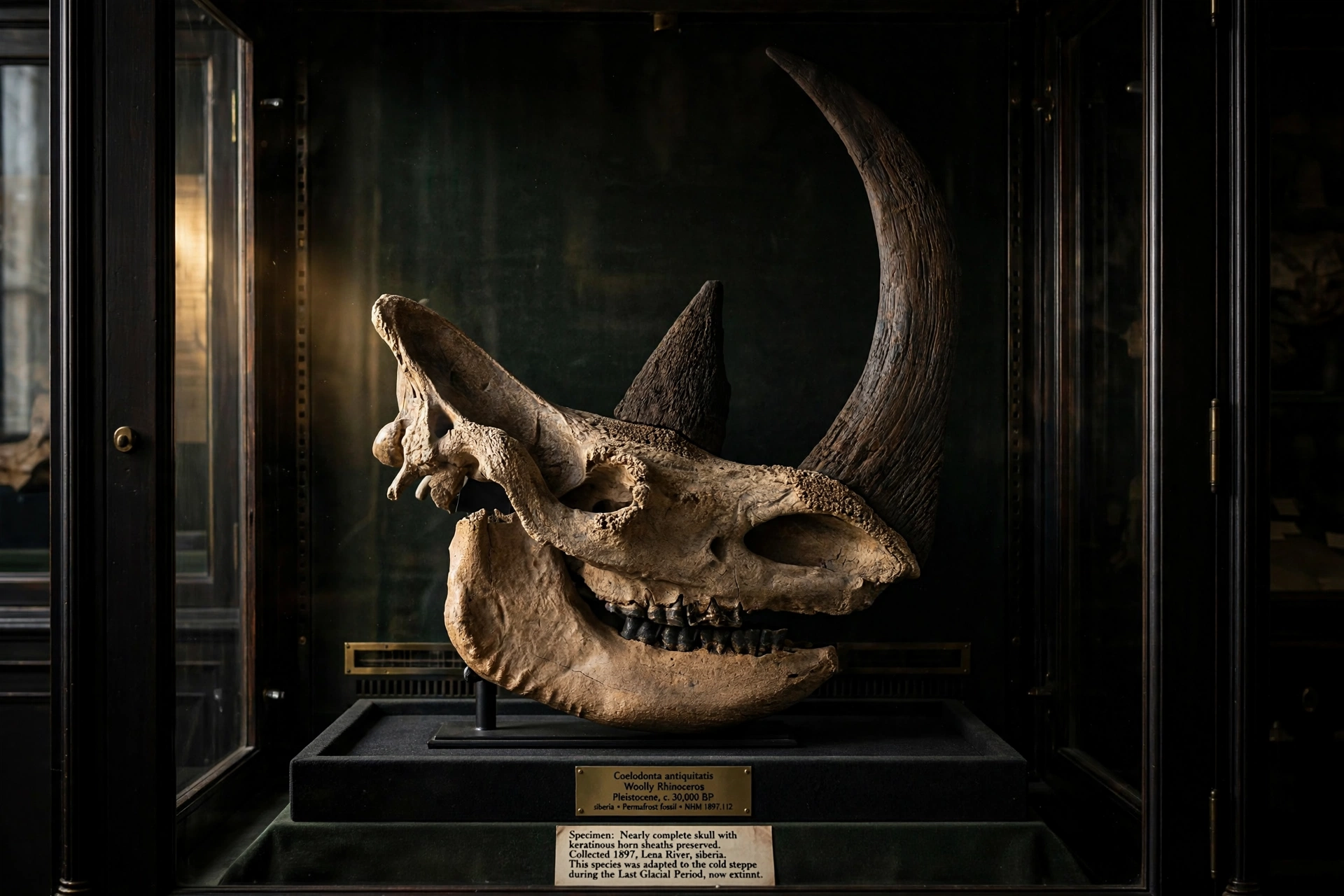 Ancient woolly rhinoceros skull fossil, similar to the 50,000-year-old specimen found in Somerset