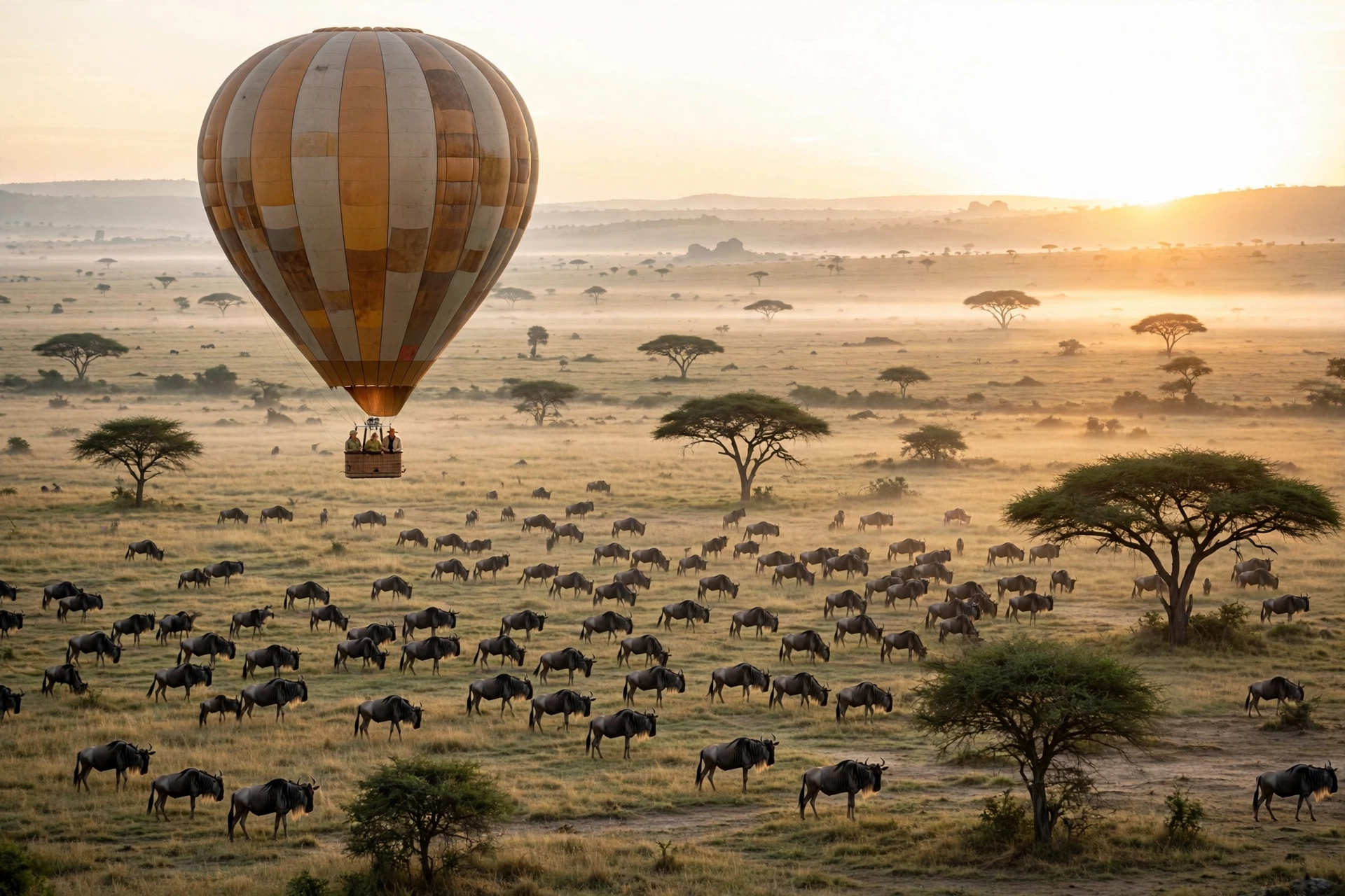 Hot air balloon over the Serengeti plains at sunrise with wildebeest herds below
