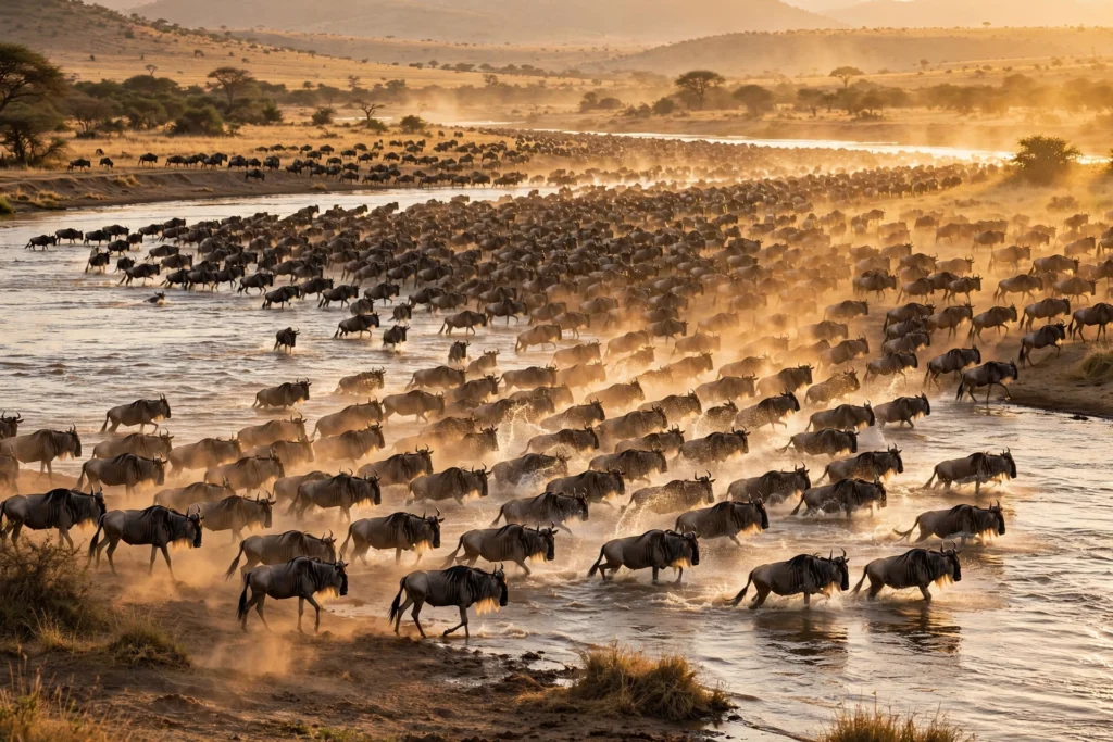 Wildebeest herd crossing the Mara River in the northern Serengeti at sunrise