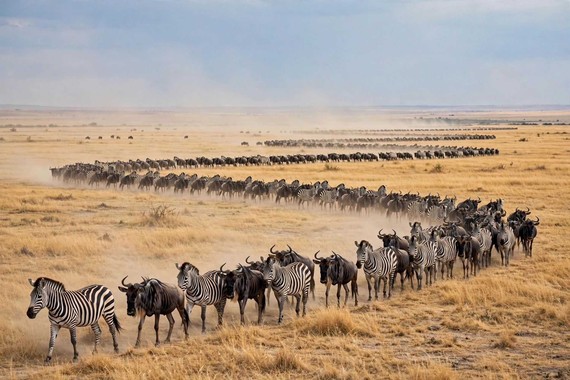 Long column of wildebeest and zebra crossing golden Serengeti grassland