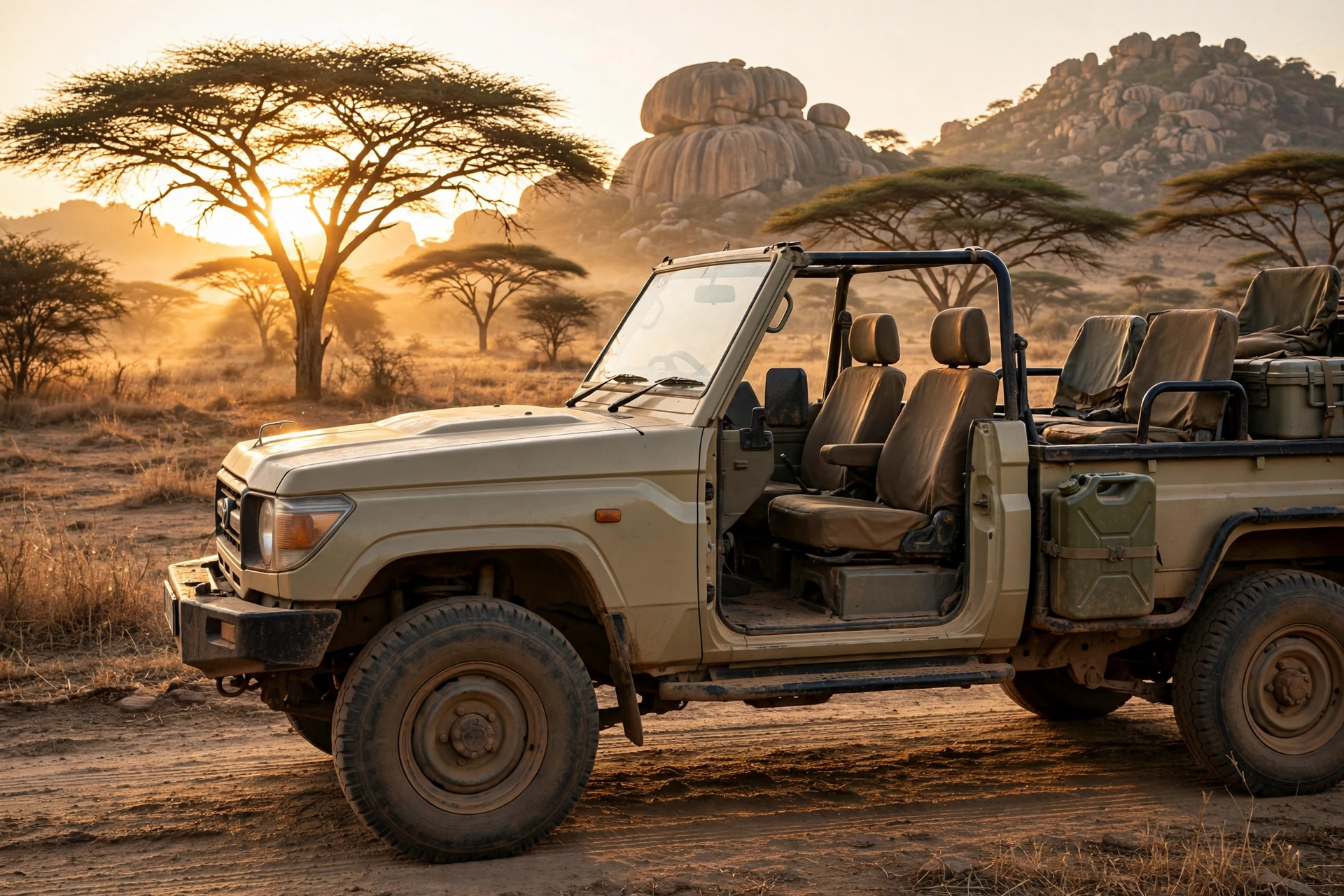 Open safari vehicle on a dusty track in the Lobo area at sunrise