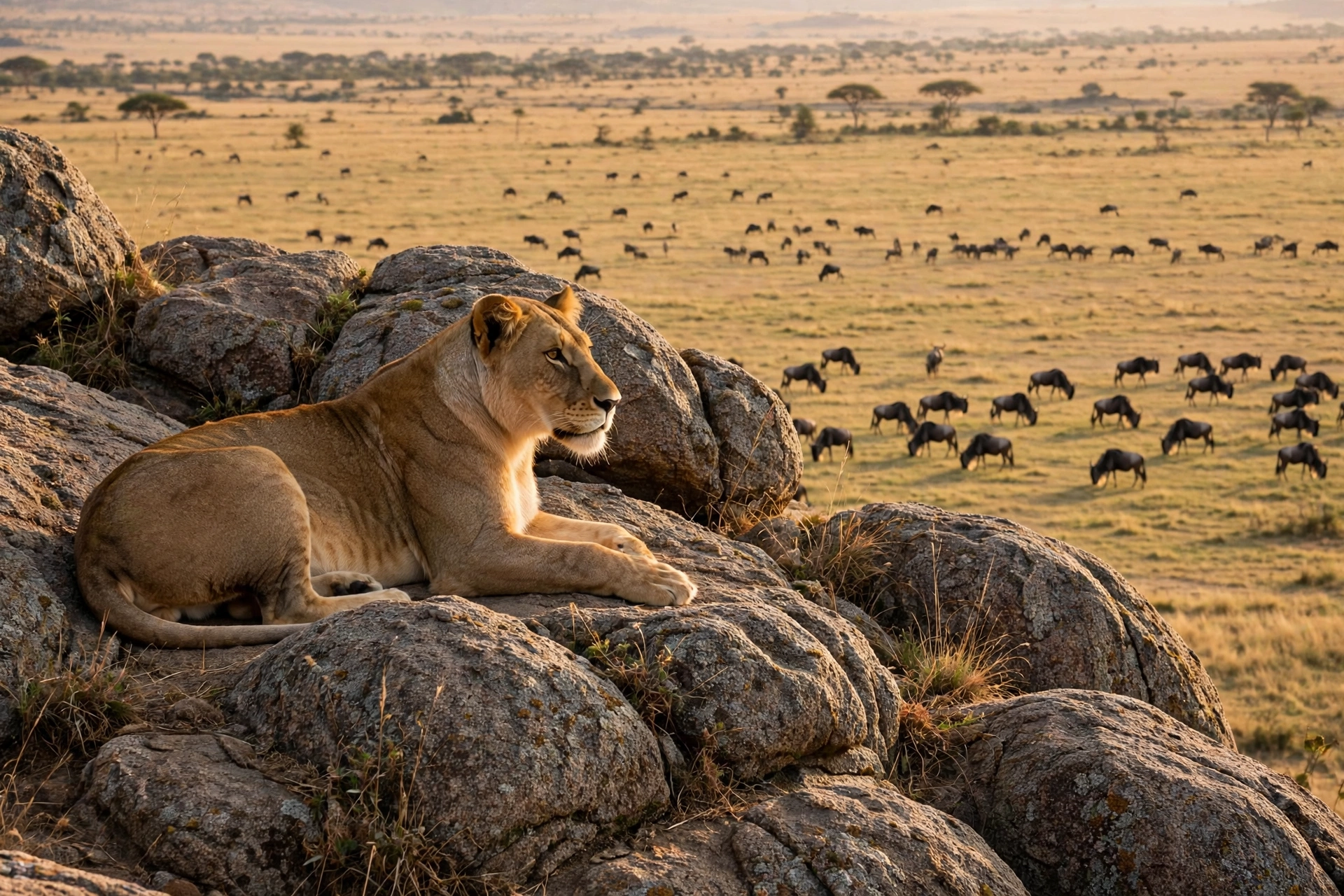 Lioness resting on a granite kopje watching a distant wildebeest herd