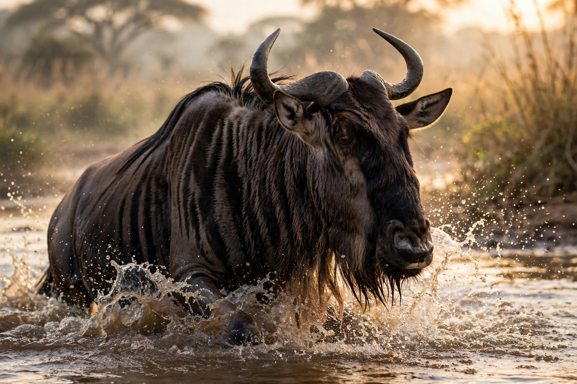 Wildebeest mid-river during a Mara River crossing at golden morning light