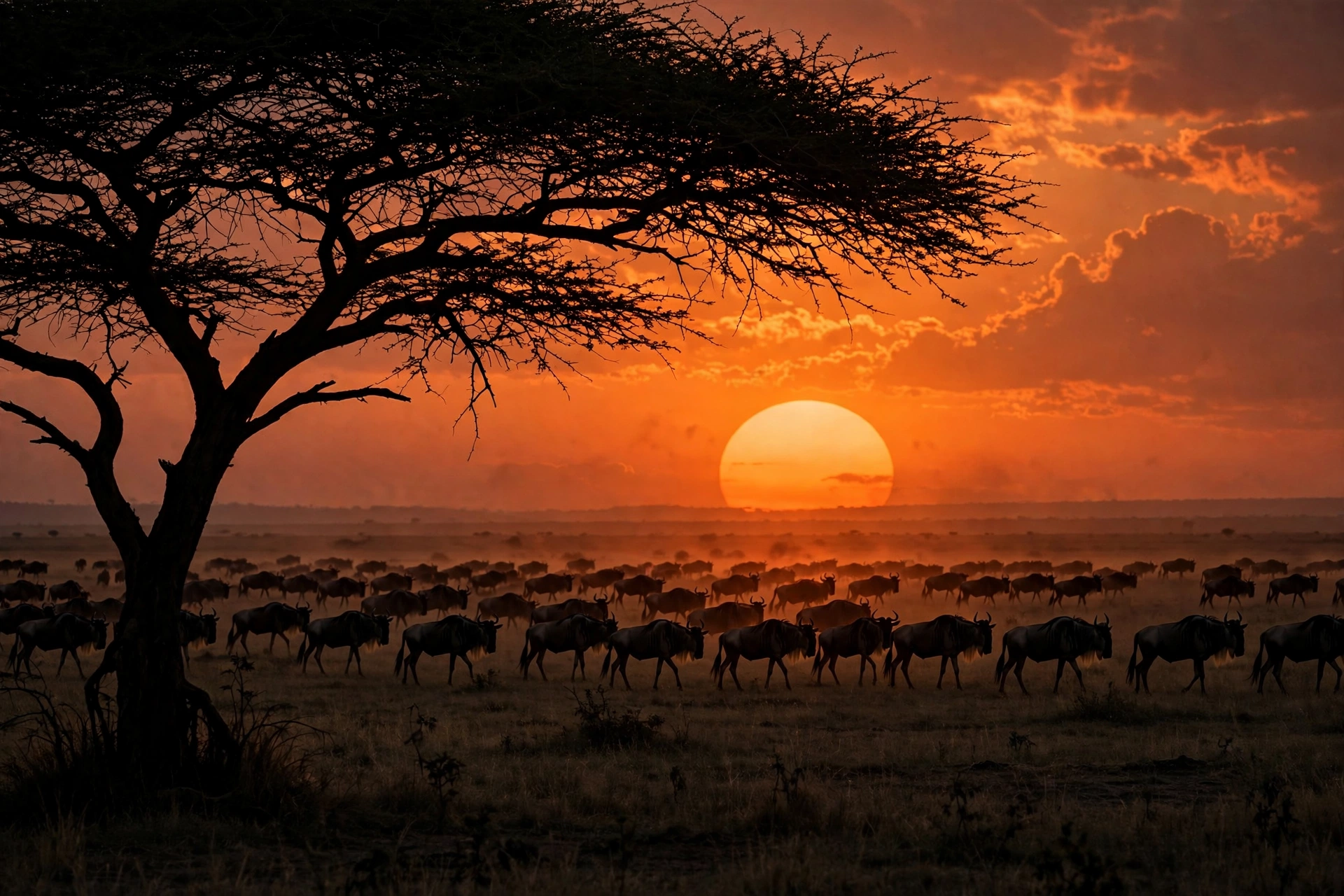 Wildebeest herd silhouetted against an orange Serengeti sunset