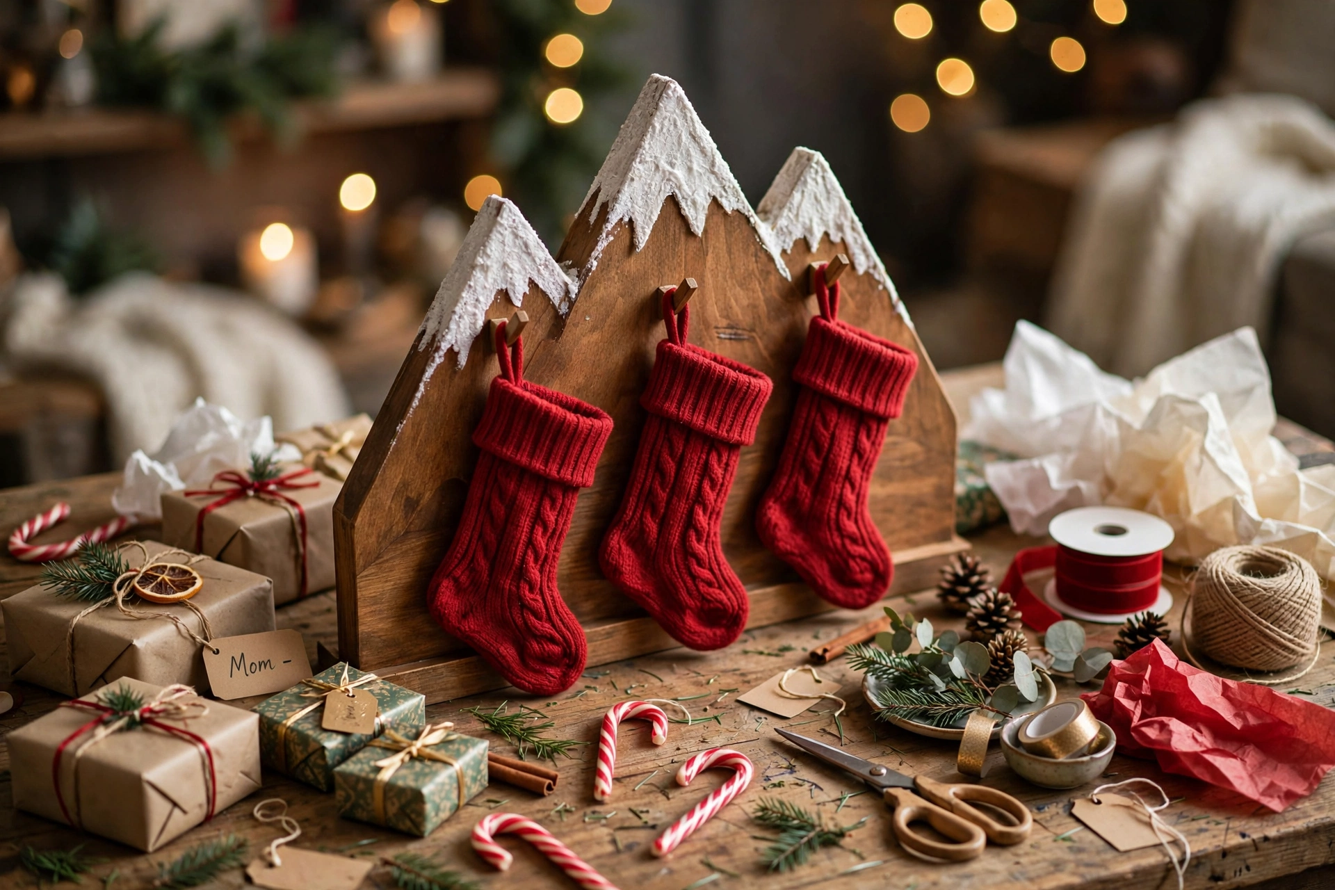 Holiday gift-wrapping scene with the wooden mountain stocking holder holding red stockings among gifts and candy canes