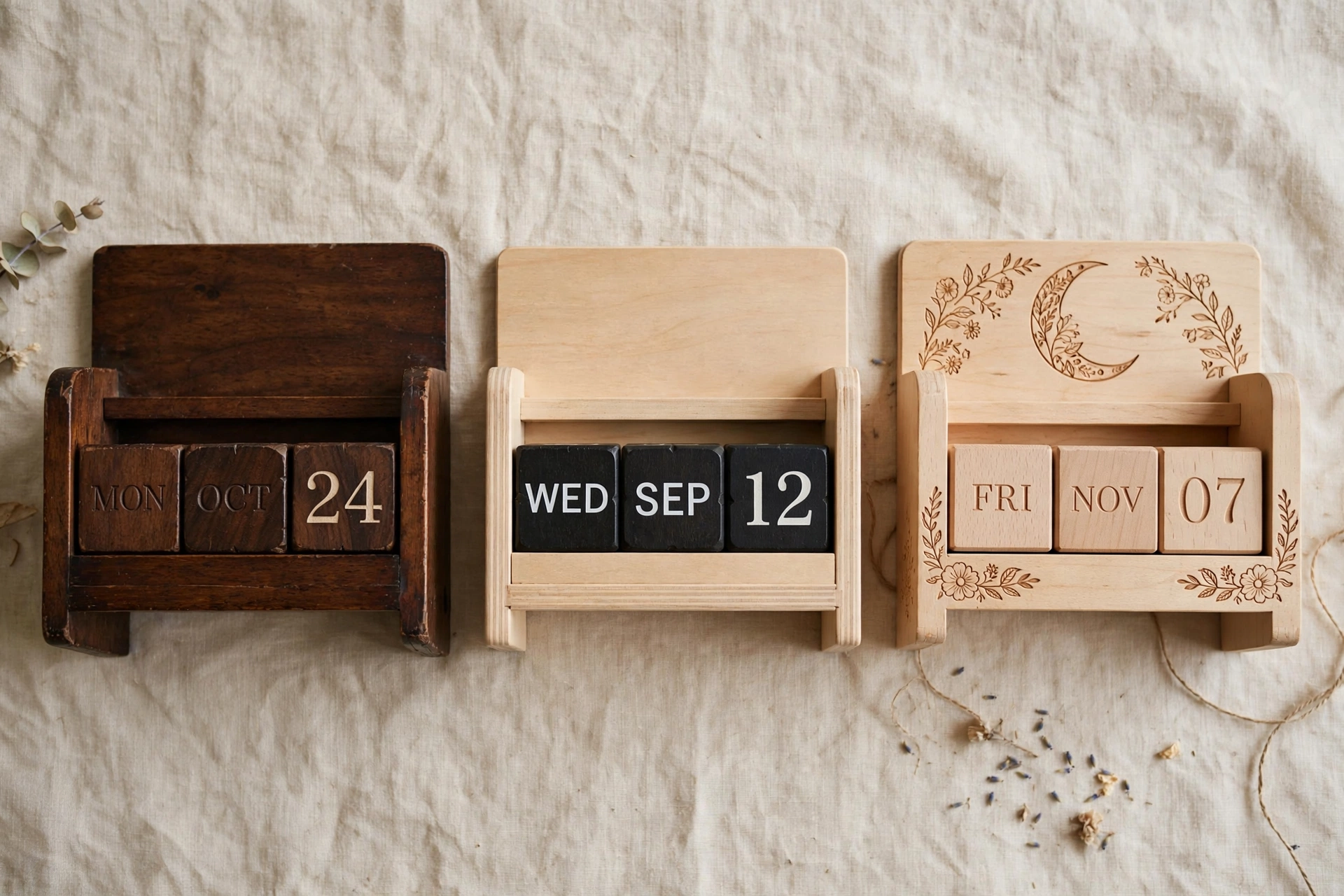Flat lay of the three vintage wooden perpetual calendar styles: Classic Walnut, Natural Contrast, and Botanical Crescent