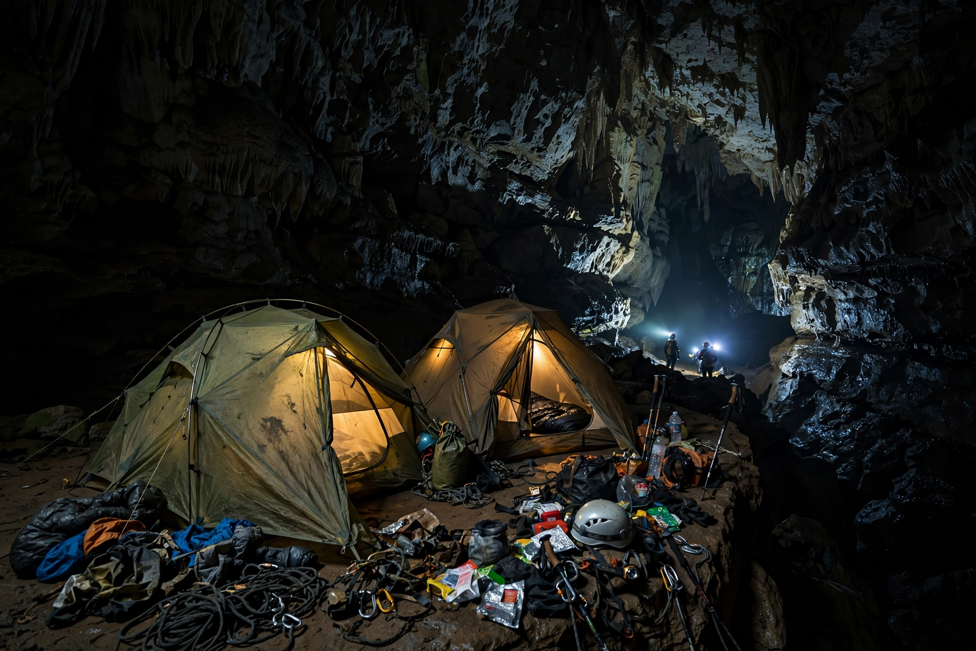 An underground expedition camp with tents on a rock ledge deep inside Veryovkina Cave
