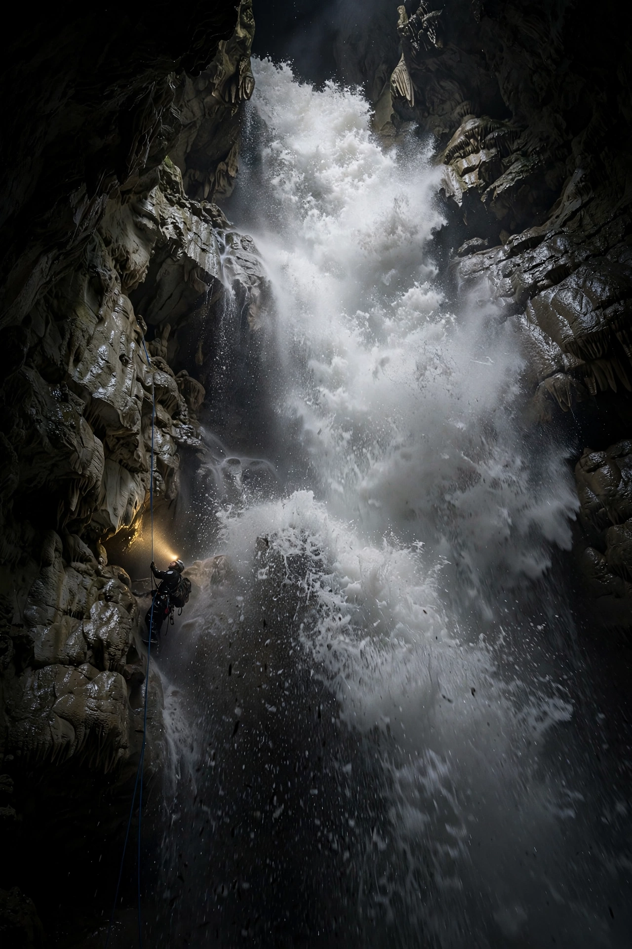 A flood pulse pouring down a vertical shaft inside Veryovkina Cave during the 2018 storm