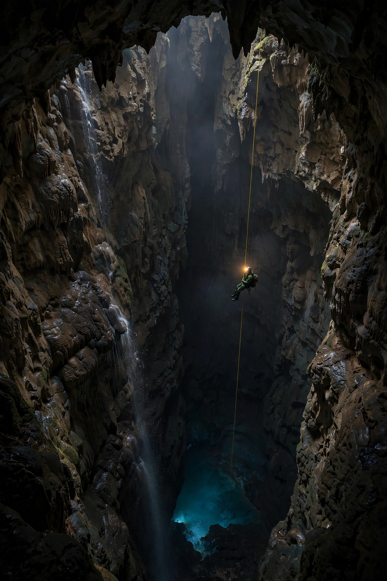 Vertical view down the deepest shaft of Veryovkina Cave with a tiny caver descending on a rope