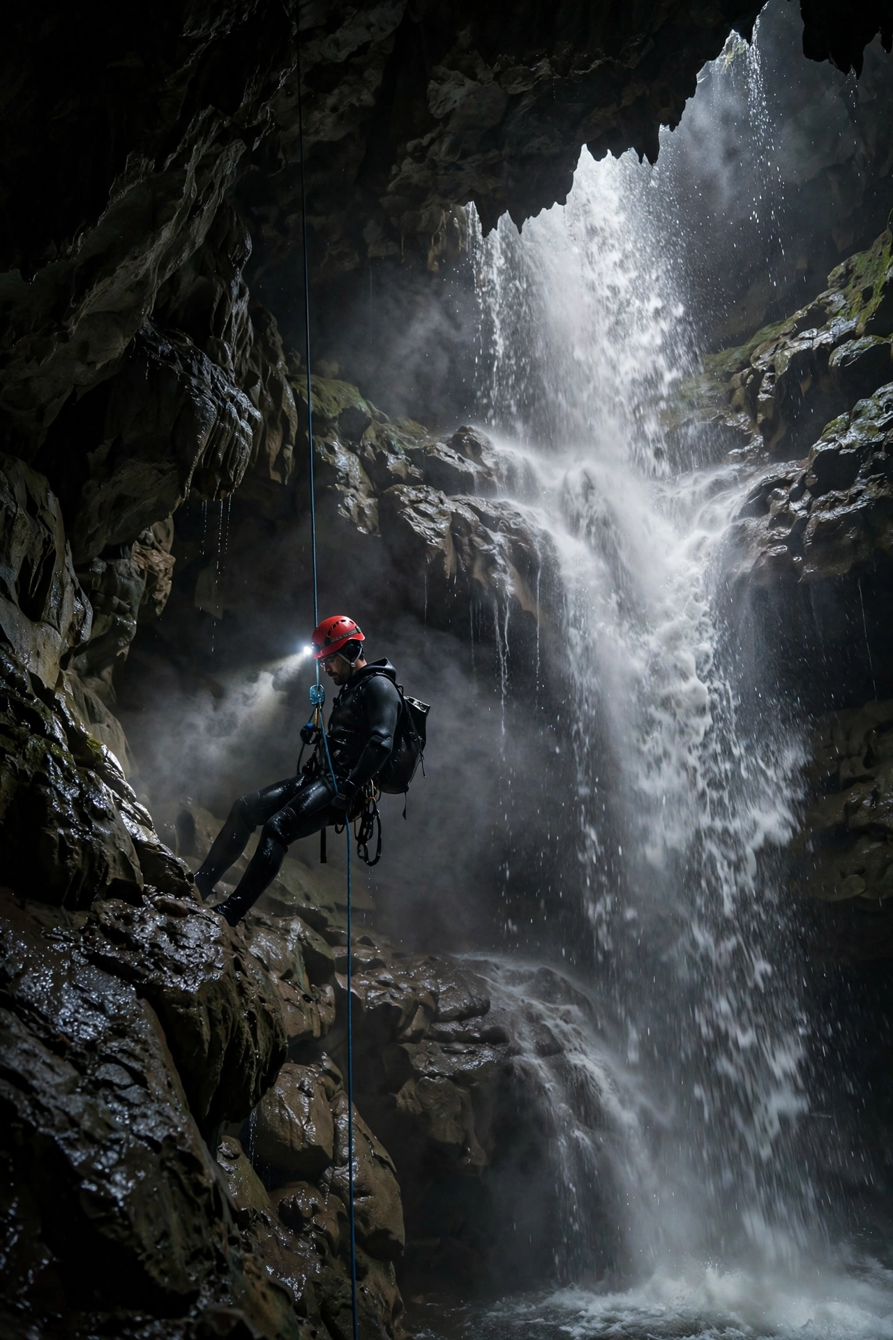 A caver in a wetsuit rappelling past a waterfall inside Veryovkina Cave