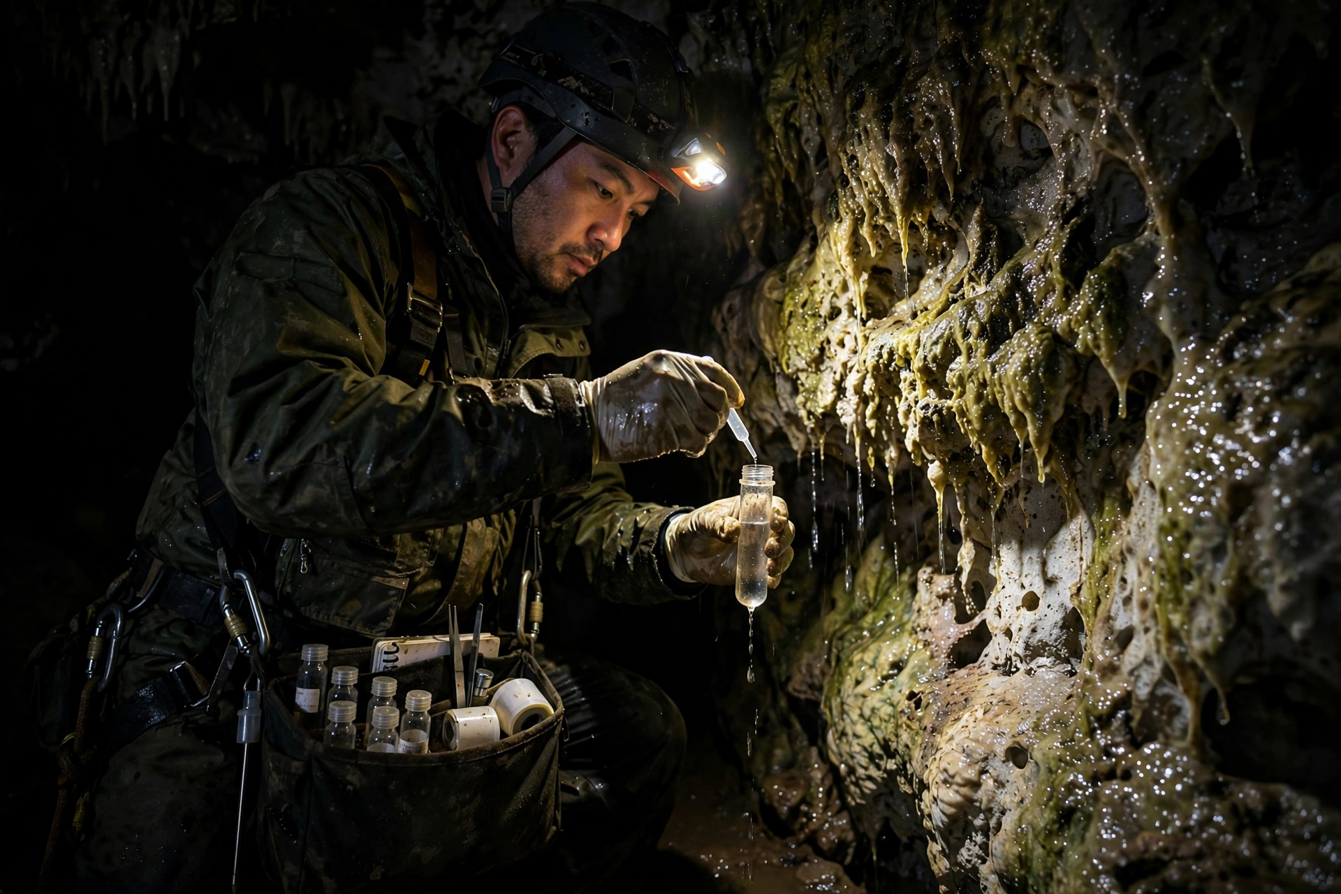 A scientist collecting water samples from a limestone wall deep inside Veryovkina Cave
