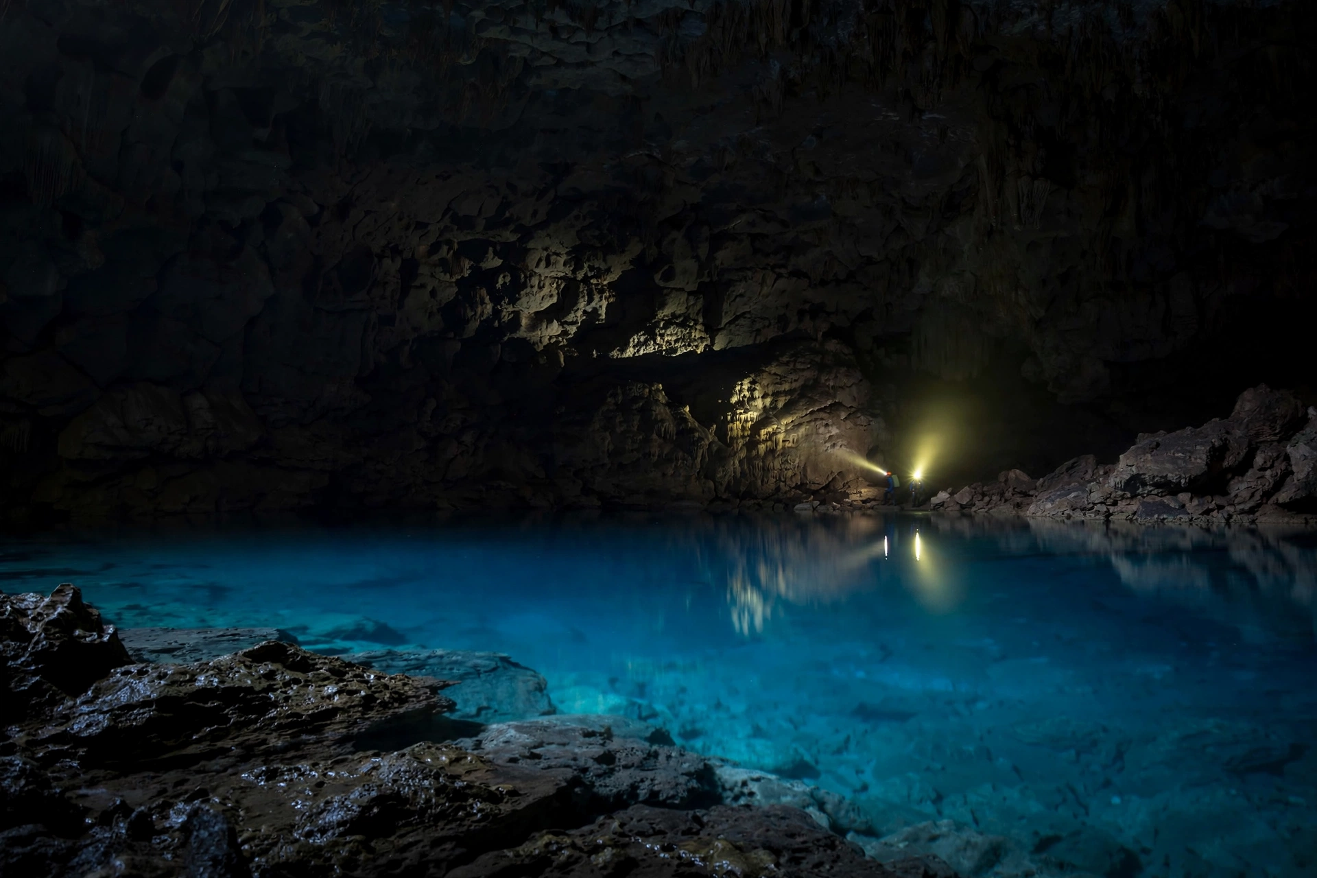 A turquoise underground lake at the bottom of Veryovkina Cave, one of the deepest points humans can reach