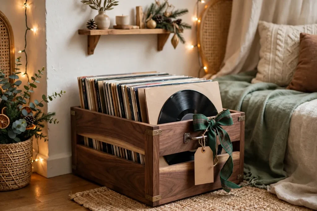 Walnut vinyl record crate with a festive ribbon and gift tag, styled as a holiday gift