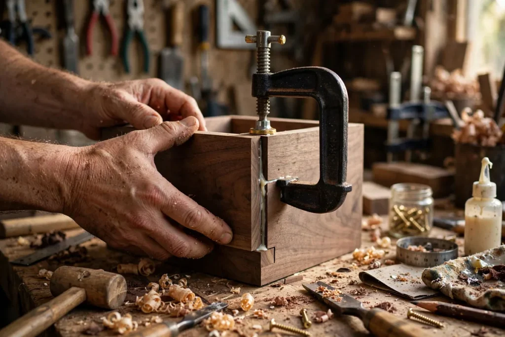 Woodworker assembling a walnut wood box with clamps in an artisan workshop
